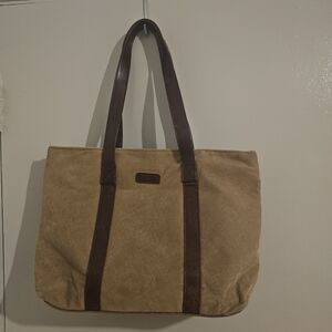 Canvas Tote Bag with Dark Brown Leather Straps - Tan